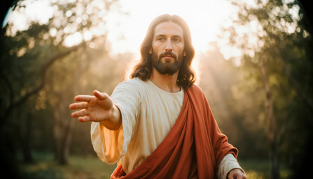 A beautiful Jesus Christ extends his hand and smiles warmly, sacred, virtue.の素材