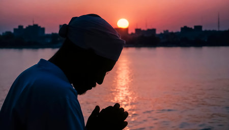 A spiritual sunset meditation: a tranquil scene of prayer and faith in Middle Eastern style. Divine light will illuminate the believerの素材
