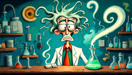 Mad scientist, professor doing experiment for science. character in science lab.の素材