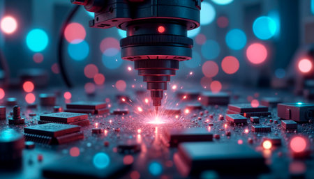 Precise laser cutting of printed circuit boards in a high-tech manufacturing plant on an advanced assembly line.の写真素材