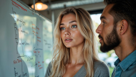 Employees discussing team management. Business colleagues schedule work on a Scrum board, plan tasks, communicate, discuss marketing strategy.の素材