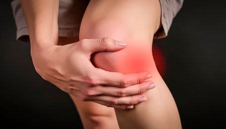 Close-up of knee joint inflammation in woman.の素材