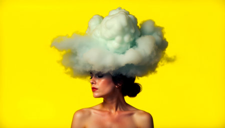 Colored smoke around the girl's head as a concept of mental disorder. Metaphor of mood disorder, psyche, mind.の素材