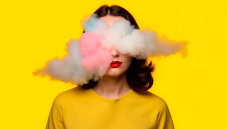 Colored smoke around the girl's head as a concept of mental disorder. Metaphor of mood disorder, psyche, mind.の素材