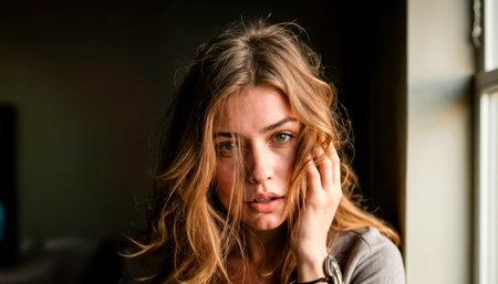 Female PTSD concept: traumatized woman in emotional stress with disheveled hair, presses hands to faceの素材