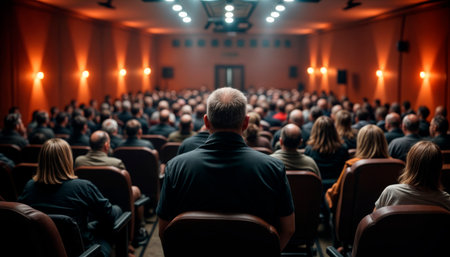 business training seminar education lecture staff meeting or workshop motion, abstract people group sitting in auditorium learning listening to presentation.の素材