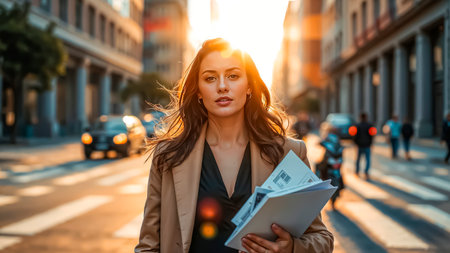 Happy young architect walking down the street with new project in hands.の素材