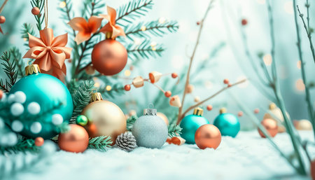 Christmas background with Christmas tree balls and decorations. Space for dough. Fairytale atmosphere of New Year and Christmas, Christmas Eve, magic and witchcraftの素材