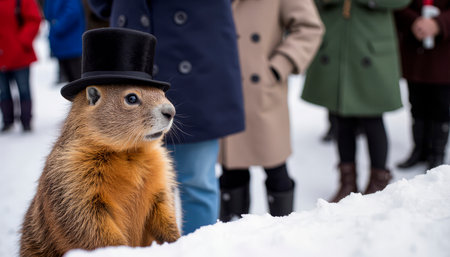 Groundhog Day is a holiday in the United States and Washington, DC, observed annually on February 2. Groundhog in a top hat.の素材