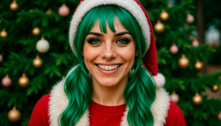 Santa's cheerful and cunning helper, a girl elf, smiles charmingly and cheerfully, looking at the camera. Christmas Eve, magic and witchcraftの素材