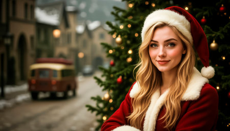A cheerful and sweet girl in a Santa costume, smiling charmingly and cheerfully, looking at the camera. Christmas Eve, magic and witchcraftの素材