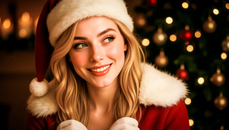 A cheerful and sweet girl in a Santa costume, smiling charmingly and cheerfully, looking at the camera. Christmas Eve, magic and witchcraftの素材