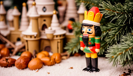 A charming Nutcracker soldier guards walnuts and a whimsical castle. A fairytale atmosphere of New Year and Christmas, Christmas Eve, magic and witchcraftの素材