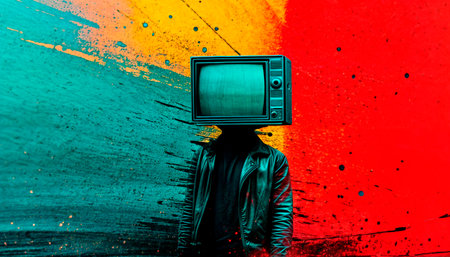 Creative surreal portrait of a woman with a retro radio and a flower on her head in an orange suit.の素材