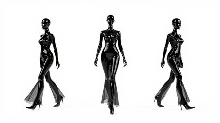 Black mannequin model walking on white catwalk.の素材