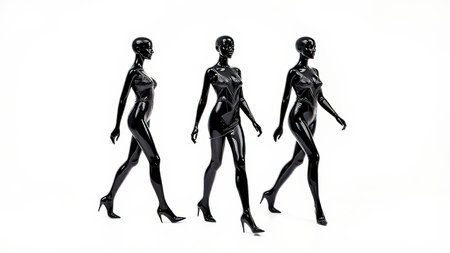 Black mannequin model walking on white catwalk.の素材