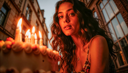 Beautiful young woman celebrating birthday with cake and candles.の素材
