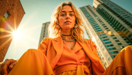 A beautiful and emotional city girl enjoys a wonderful day, emotions and smiles. bottom view.の素材