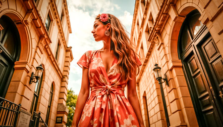 A beautiful and emotional city girl enjoys a wonderful day, emotions and smiles. bottom view.の素材