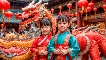 Happy Chinese children in traditional clothes are at the Chinese bazaar, beautifully decorated for the holiday.の素材