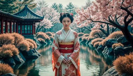 A tall-born Asian woman in a festive kimono walks slowly through a blooming Japanese garden.の素材