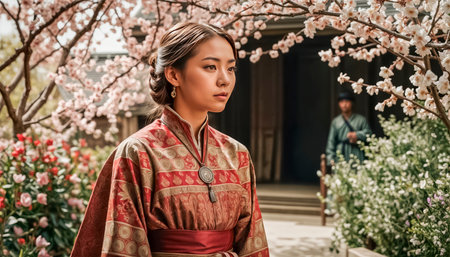 A tall-born Asian woman in a festive kimono walks slowly through a blooming Japanese garden.の素材