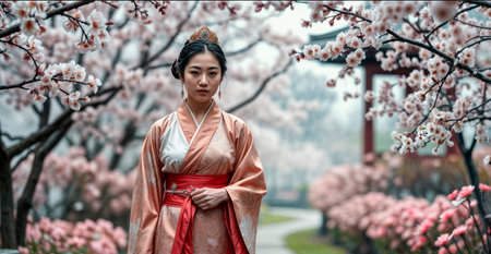A tall-born Asian woman in a festive kimono walks slowly through a blooming Japanese garden.の素材