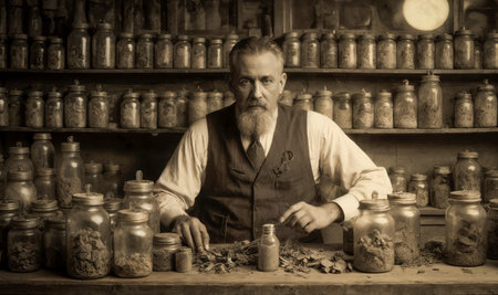 A traditional elderly pharmacist in an old traditional pharmacy, a doctor examining raw materials for making herbal magic tinctures.の素材