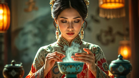 Beautiful and high-born geisha holds a Chinese tea ceremony with an elite tea set in an aristocratic rich hall.の素材