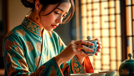 Beautiful and high-born geisha holds a Chinese tea ceremony with an elite tea set in an aristocratic rich hall.の素材