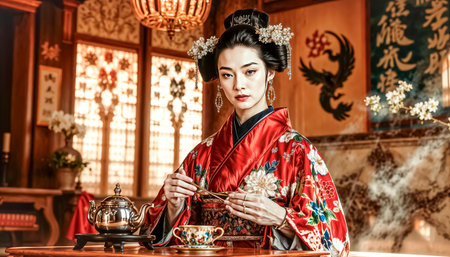 Beautiful and high-born geisha holds a Chinese tea ceremony with an elite tea set in an aristocratic rich hall.の素材