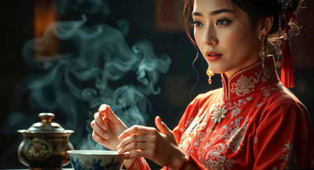 Beautiful and high-born geisha holds a Chinese tea ceremony with an elite tea set in an aristocratic rich hall.の素材