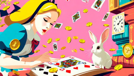 Alice falls down a rabbit hole surrounded by floating cards, coins, clocks and books in a wonderland inspired by Lewis Carroll's fairy tale with crazy characters.の素材