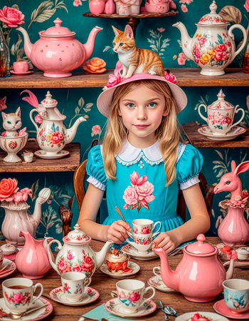 Children's Background, doll tea party in the style of Alice in Wonderland.の素材