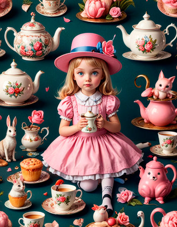Children's Background, doll tea party in the style of Alice in Wonderland.の素材
