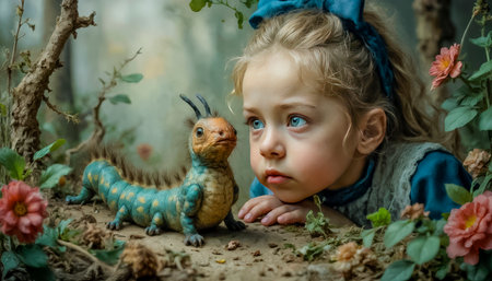 Beautiful Alice met the Strange Slow Caterpillar from the fairy tale Alice in Wonderland.の素材