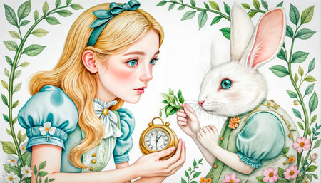 Surprised Alice looks out of the rabbit hole. Magical beautiful country from Lewis Carroll's fairy tale Alice in Wonderland.の素材