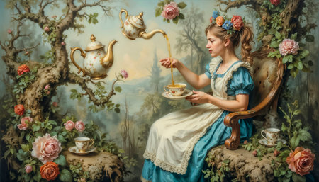Alice in Wonderland drinking tea from a living teapot, scene based on "The Mad Tea Party"の素材