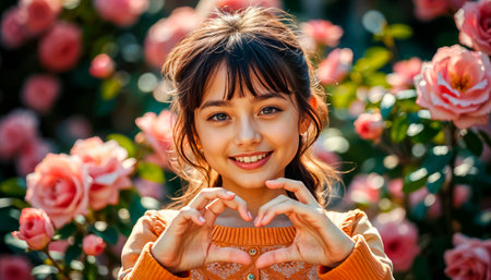 Cute and charming girl making heart shape signs with her fingers. Love showing heart gesture, family happy moment.の素材