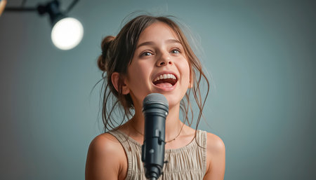 Charming active and very emotional girl soloing in front of the microphone, little singer.の素材