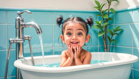 Adorable happy girl taking water procedures in a home cozy bathroom.の素材