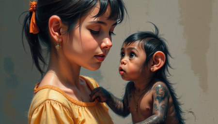 A cute little girl with a touching look easily hugs her favorite monkey, happy friendship of a child and an animal, smiles and happiness.の素材