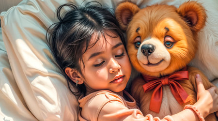 Adorable sleepy little girl hugging her favorite teddy bear, sleep, relaxation, friendship and happiness.の素材