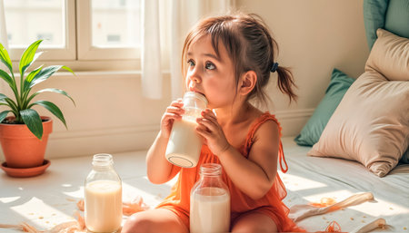 A child carefully tastes milk from a bottle and laughs joyfully with pleasure from the taste.の素材