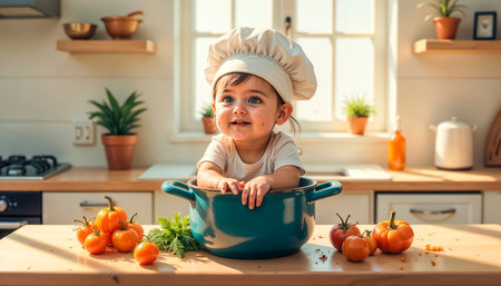 Happy funny child sitting in saucepan wearing chef hat, fun game, kid chef.の素材