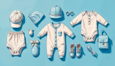 A postcard with fashionable and stylish clothes for a little boy, top view.の素材