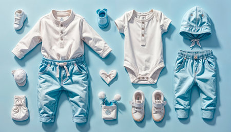 A postcard with fashionable and stylish clothes for a little boy, top view.の素材