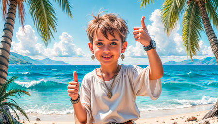 A mischievous charming and handsome boy shows a thumb up. Give five.の素材