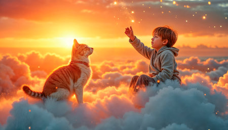 A sweet, happy boy gazes at the sunset sky, sitting on the clouds with his beloved catの素材