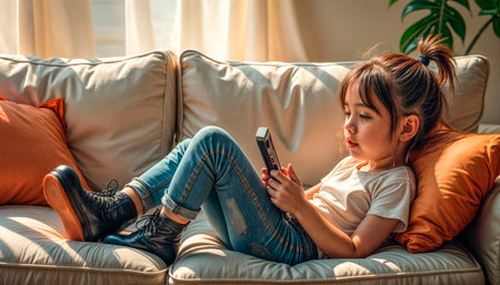 Smiling girl watches video on her mobile tablet in a modern living room, the girl is excited and very happyの素材